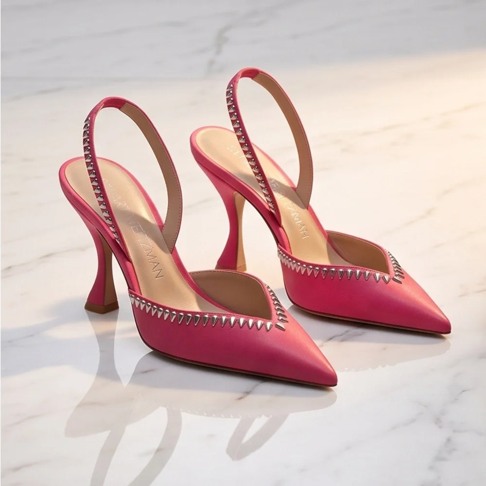 Stuart Weitzman Women’s Suede Pink Pointed Slingback Heels with Cristal Studs